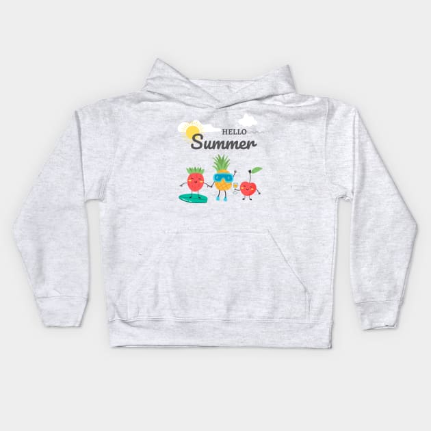 Hello Summer Cool design for summertime. Strawberry, cherry, pineapple with a beach landscape Kids Hoodie by SweetMay